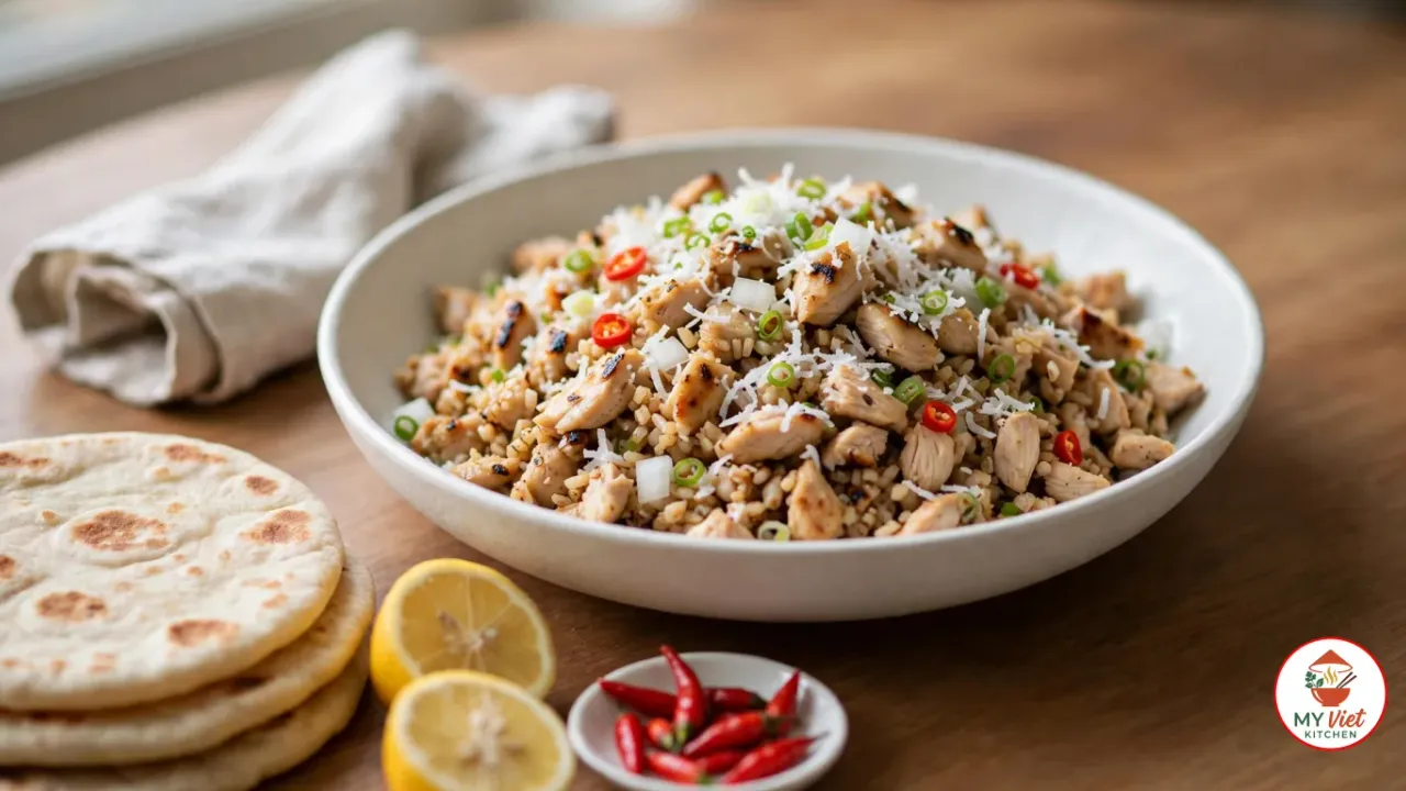 A wide white bowl of chicken kelaguen, chopped grilled chicken with charred edges flecked with grated coconut, green onion, diced white onion and sliced red chili, beside a stack of flour titiyas, two lemon halves and a small dish of red bird's eye chilies on a wooden table