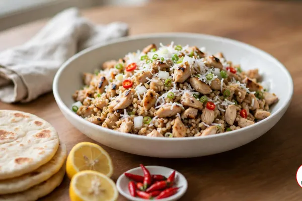A wide white bowl of chicken kelaguen, chopped grilled chicken with charred edges flecked with grated coconut, green onion, diced white onion and sliced red chili, beside a stack of flour titiyas, two lemon halves and a small dish of red bird's eye chilies on a wooden table