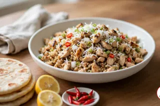 A wide white bowl of chicken kelaguen, chopped grilled chicken with charred edges flecked with grated coconut, green onion, diced white onion and sliced red chili, beside a stack of flour titiyas, two lemon halves and a small dish of red bird's eye chilies on a wooden table