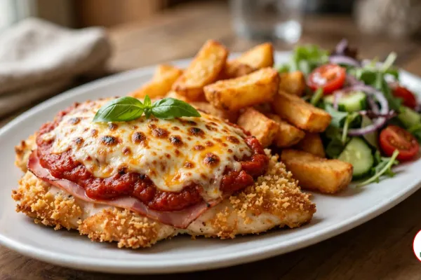 A chicken parmigiana on a white oval plate, a golden panko-crumbed chicken breast under a slice of ham, thick napoli sauce and melted cheese browned in spots, topped with basil leaves, beside thick-cut chips and a green salad with cherry tomatoes, cucumber and red onion on a wooden table