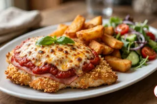 A chicken parmigiana on a white oval plate, a golden panko-crumbed chicken breast under a slice of ham, thick napoli sauce and melted cheese browned in spots, topped with basil leaves, beside thick-cut chips and a green salad with cherry tomatoes, cucumber and red onion on a wooden table