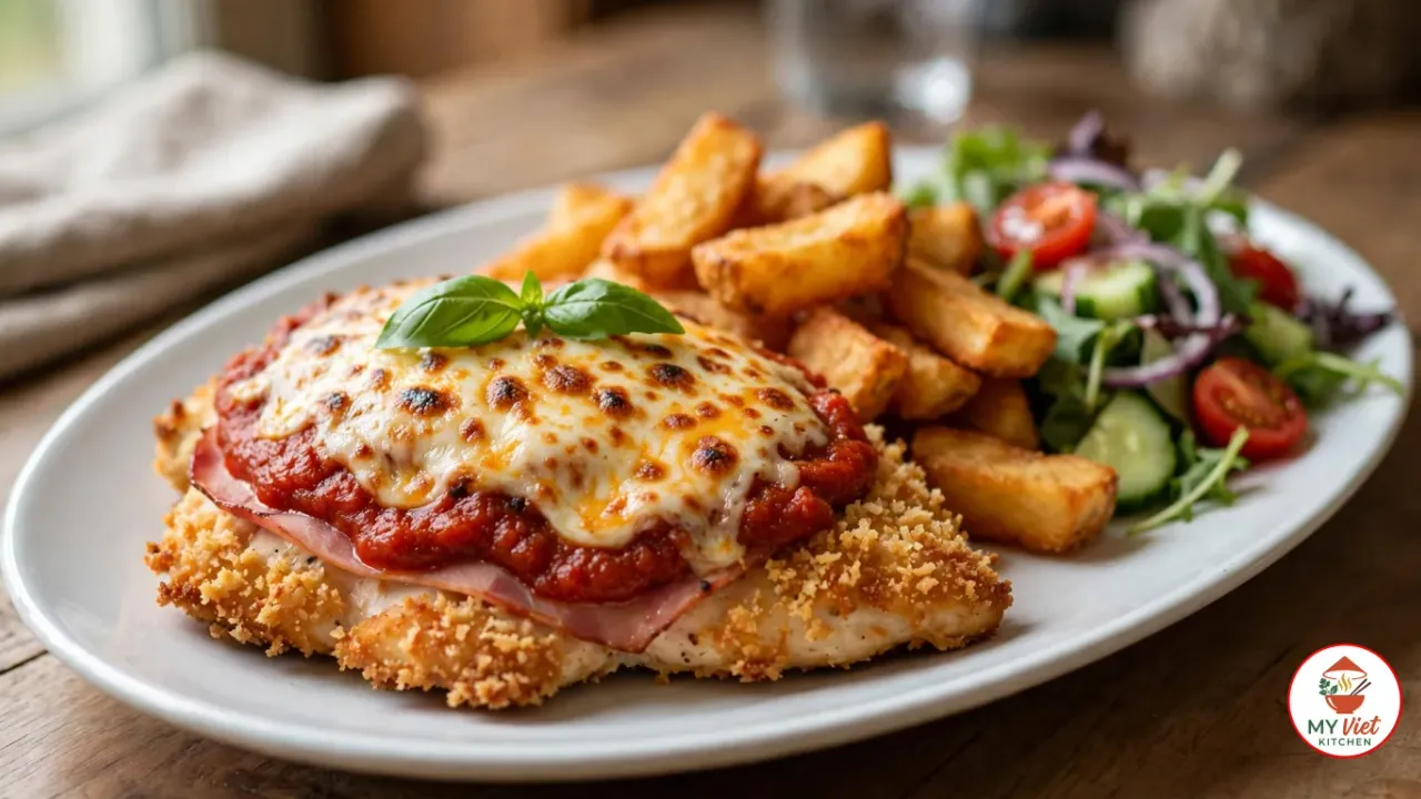 A chicken parmigiana on a white oval plate, a golden panko-crumbed chicken breast under a slice of ham, thick napoli sauce and melted cheese browned in spots, topped with basil leaves, beside thick-cut chips and a green salad with cherry tomatoes, cucumber and red onion on a wooden table