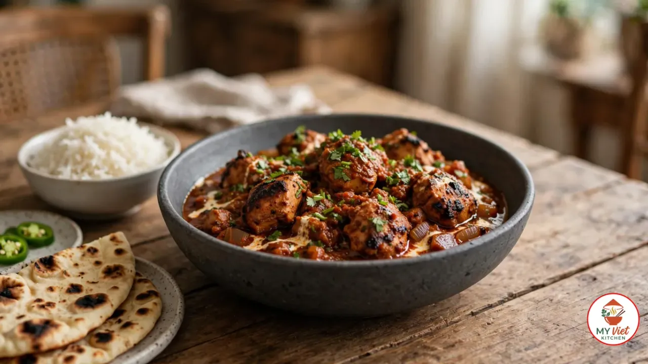 A charcoal-grey stoneware bowl of chicken tikka masala, charred chunks of chicken thigh in a thick brick-red onion and tomato sauce with streaks of cream and chopped cilantro, beside a bowl of basmati rice, blistered naan and a dish of sliced green chili on a wooden table
