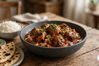 A charcoal-grey stoneware bowl of chicken tikka masala, charred chunks of chicken thigh in a thick brick-red onion and tomato sauce with streaks of cream and chopped cilantro, beside a bowl of basmati rice, blistered naan and a dish of sliced green chili on a wooden table