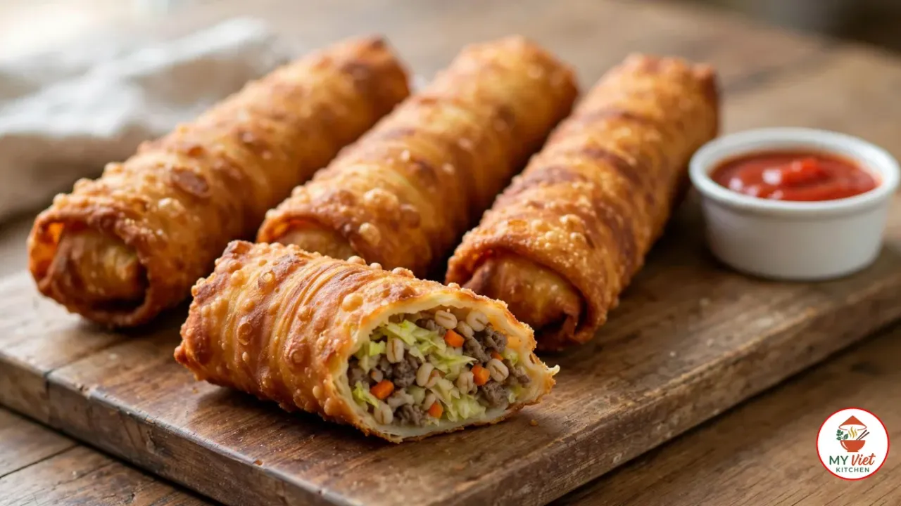 Three deep-golden homemade chiko rolls with blistered, layered pastry on a worn wooden board, and a half roll in front showing a filling of shredded cabbage, carrot, pearl barley and minced beef, beside a white ramekin of tomato sauce