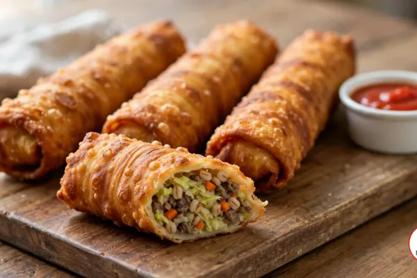 Three deep-golden homemade chiko rolls with blistered, layered pastry on a worn wooden board, and a half roll in front showing a filling of shredded cabbage, carrot, pearl barley and minced beef, beside a white ramekin of tomato sauce