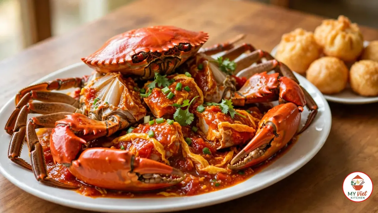 A mud crab cooked in pieces under its bright red top shell, with two large claws in front, on a white oval platter in thick red-orange chili and tomato sauce with yellow egg ribbons, chopped spring onion and cilantro, beside a plate of golden fried mantou buns on a wooden table
