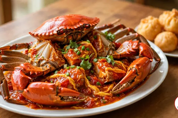 A mud crab cooked in pieces under its bright red top shell, with two large claws in front, on a white oval platter in thick red-orange chili and tomato sauce with yellow egg ribbons, chopped spring onion and cilantro, beside a plate of golden fried mantou buns on a wooden table