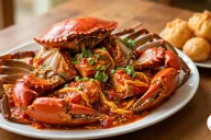 A mud crab cooked in pieces under its bright red top shell, with two large claws in front, on a white oval platter in thick red-orange chili and tomato sauce with yellow egg ribbons, chopped spring onion and cilantro, beside a plate of golden fried mantou buns on a wooden table