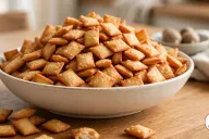 A cream stoneware bowl heaped with small golden-brown rectangles of chin chin on an oak table, with loose pieces in front, one broken open to show its dry, pale inside, and a dish of whole nutmegs and a linen napkin behind
