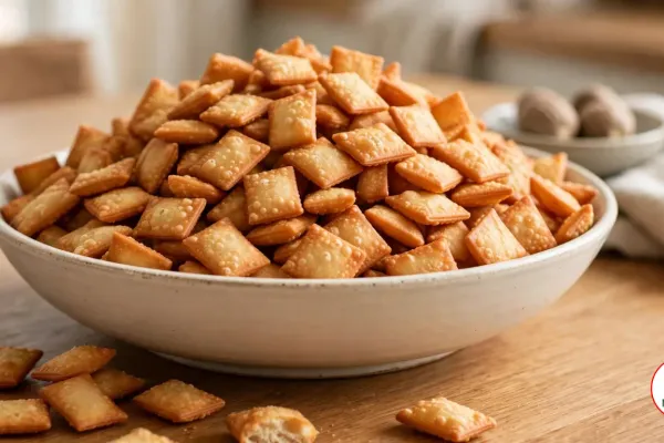 A cream stoneware bowl heaped with small golden-brown rectangles of chin chin on an oak table, with loose pieces in front, one broken open to show its dry, pale inside, and a dish of whole nutmegs and a linen napkin behind