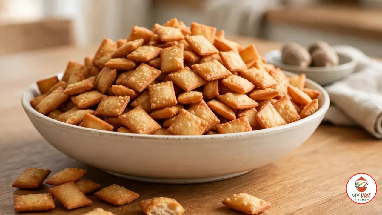 A cream stoneware bowl heaped with small golden-brown rectangles of chin chin on an oak table, with loose pieces in front, one broken open to show its dry, pale inside, and a dish of whole nutmegs and a linen napkin behind