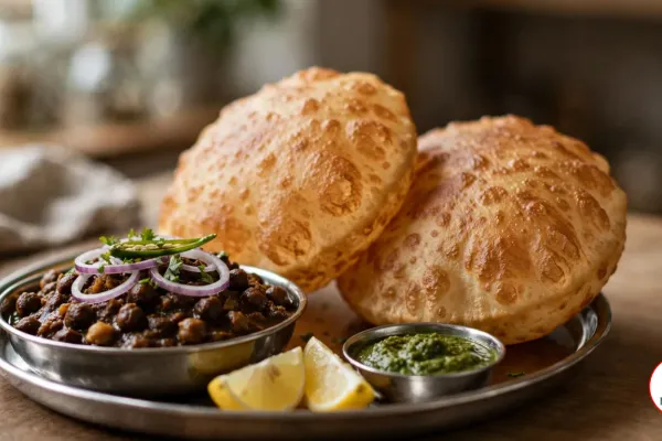 Two puffed golden bhature on a round stainless-steel plate beside a steel bowl of dark brown chole topped with red onion rings, a slit green chili and cilantro, with two lemon wedges and a small steel bowl of green chutney, on a wooden table