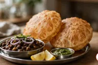 Two puffed golden bhature on a round stainless-steel plate beside a steel bowl of dark brown chole topped with red onion rings, a slit green chili and cilantro, with two lemon wedges and a small steel bowl of green chutney, on a wooden table