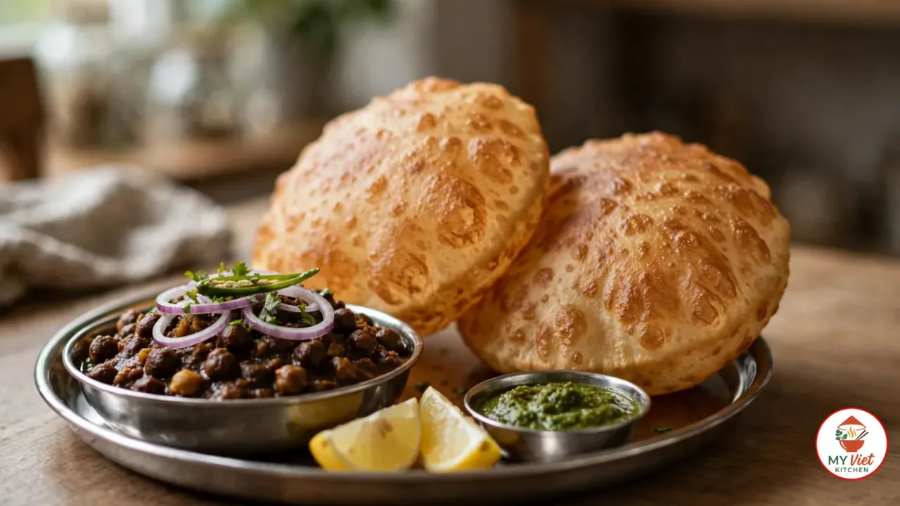 Two puffed golden bhature on a round stainless-steel plate beside a steel bowl of dark brown chole topped with red onion rings, a slit green chili and cilantro, with two lemon wedges and a small steel bowl of green chutney, on a wooden table