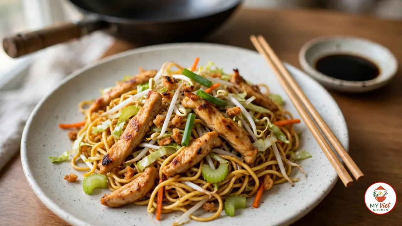 A speckled off-white stoneware plate of chicken chow mein, thin egg noodles tossed with seared strips of chicken thigh, shredded cabbage, sliced celery, carrot matchsticks, bean sprouts and green onion, with wooden chopsticks, a dish of soy sauce and a black wok behind on a wooden table