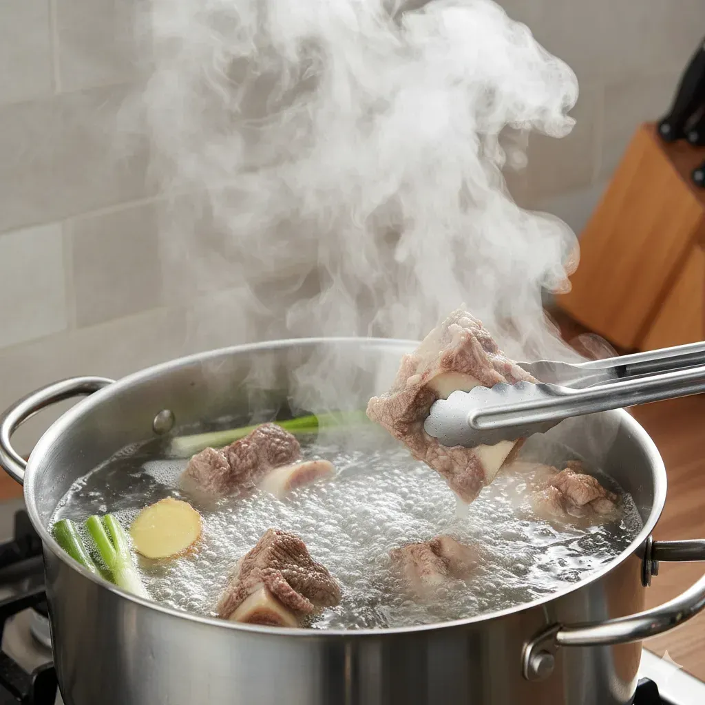 Clear golden Vietnamese beef pho broth simmering with bones and spices