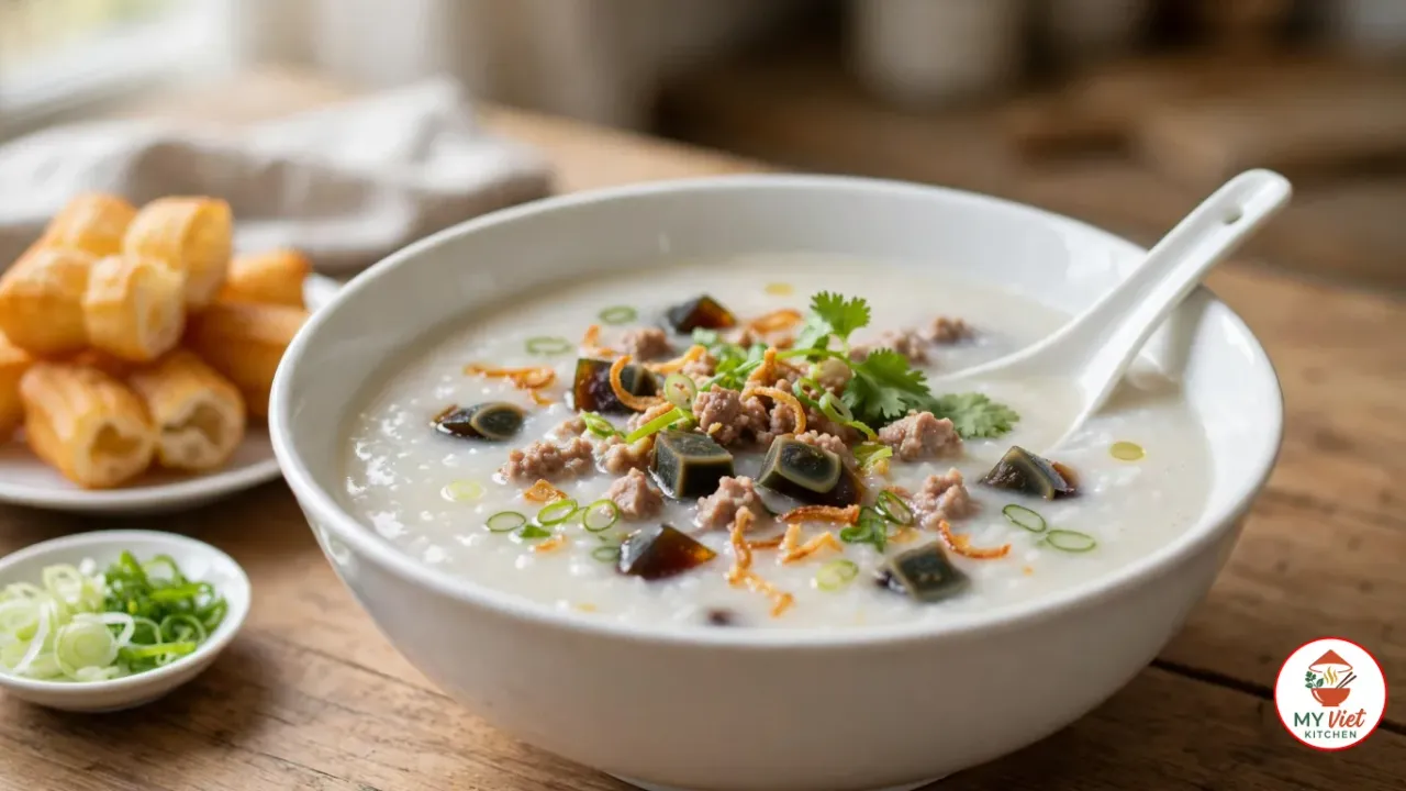 A deep white porcelain bowl of smooth congee topped with minced pork, diced century egg, sliced green onion, fried shallots and cilantro, with a porcelain spoon, a plate of youtiao and a dish of green onion on a wooden table