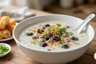 A deep white porcelain bowl of smooth congee topped with minced pork, diced century egg, sliced green onion, fried shallots and cilantro, with a porcelain spoon, a plate of youtiao and a dish of green onion on a wooden table