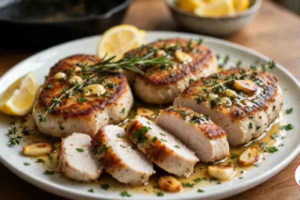 Four pan-seared crocodile tail steaks on a white plate, one sliced to show the white centre, under garlic-herb butter with golden garlic cloves, rosemary, thyme, parsley and lemon wedges, a cast-iron skillet behind