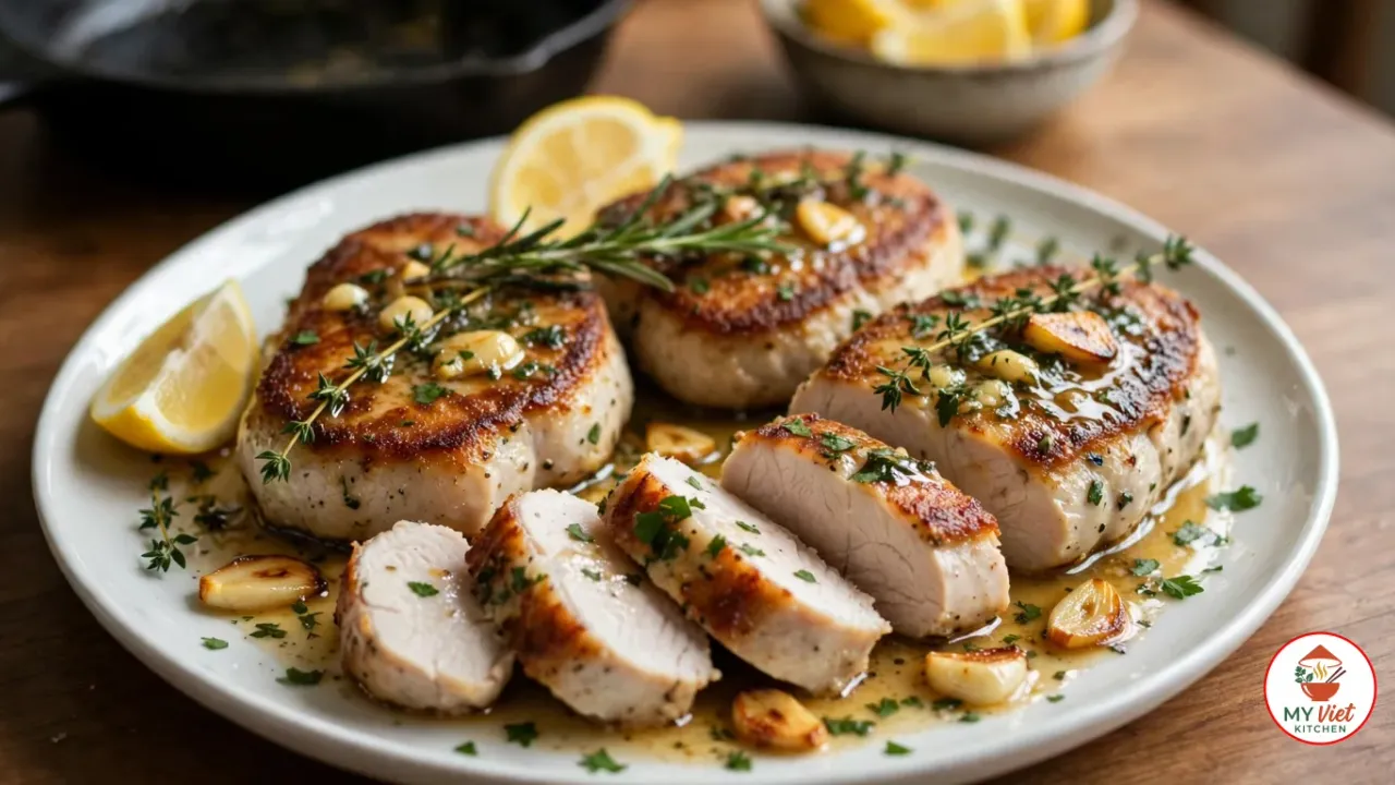Four pan-seared crocodile tail steaks on a white plate, one sliced to show the white centre, under garlic-herb butter with golden garlic cloves, rosemary, thyme, parsley and lemon wedges, a cast-iron skillet behind