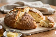 A round damper loaf with a golden, flour-dusted crust split along its scored cross, one craggy piece broken off to show the soft white crumb, on a pale wooden board with a dish of butter, a butter knife and a small glass jug of golden syrup