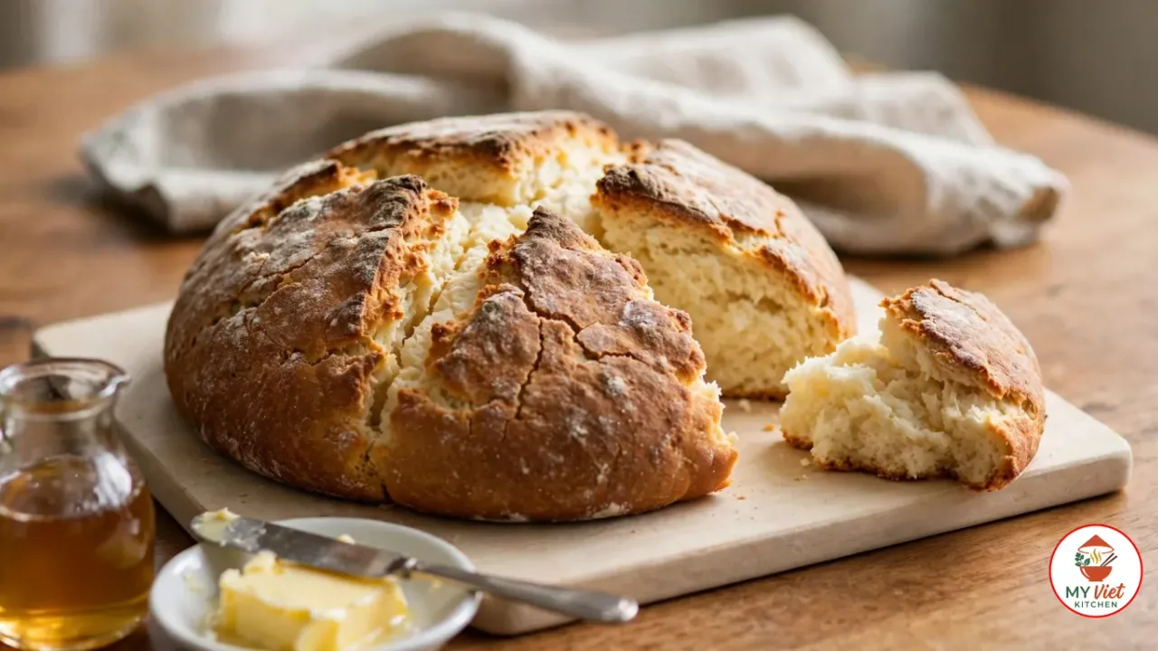 A round damper loaf with a golden, flour-dusted crust split along its scored cross, one craggy piece broken off to show the soft white crumb, on a pale wooden board with a dish of butter, a butter knife and a small glass jug of golden syrup
