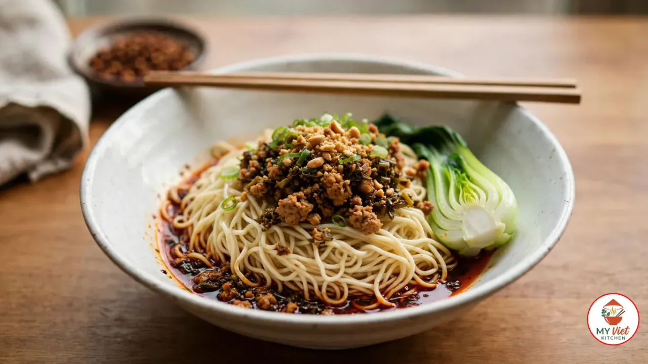 A wide white speckled bowl of dan dan noodles, the pale wheat noodles sitting in a shallow pool of red chili oil and topped with crisp minced pork and dark ya cai, crushed peanuts, sliced green onion and half a baby bok choy, with wooden chopsticks across the rim on a wooden table