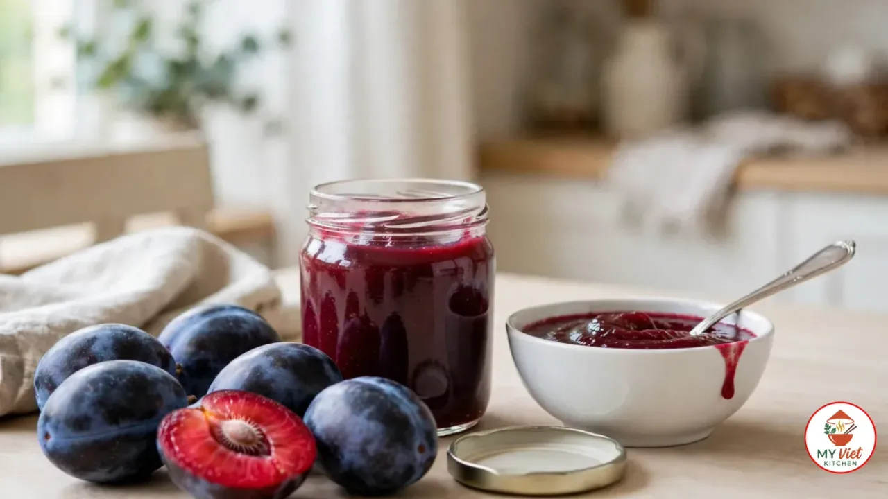 A small glass jar and a white bowl of glossy deep purple Davidson plum sauce with a silver spoon, beside oval dark blue-purple Davidson plums, one cut in half to show its crimson flesh and seed, a gold jar lid and a linen towel on a pale wooden table