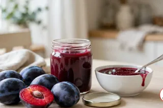 A small glass jar and a white bowl of glossy deep purple Davidson plum sauce with a silver spoon, beside oval dark blue-purple Davidson plums, one cut in half to show its crimson flesh and seed, a gold jar lid and a linen towel on a pale wooden table