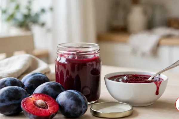 A small glass jar and a white bowl of glossy deep purple Davidson plum sauce with a silver spoon, beside oval dark blue-purple Davidson plums, one cut in half to show its crimson flesh and seed, a gold jar lid and a linen towel on a pale wooden table