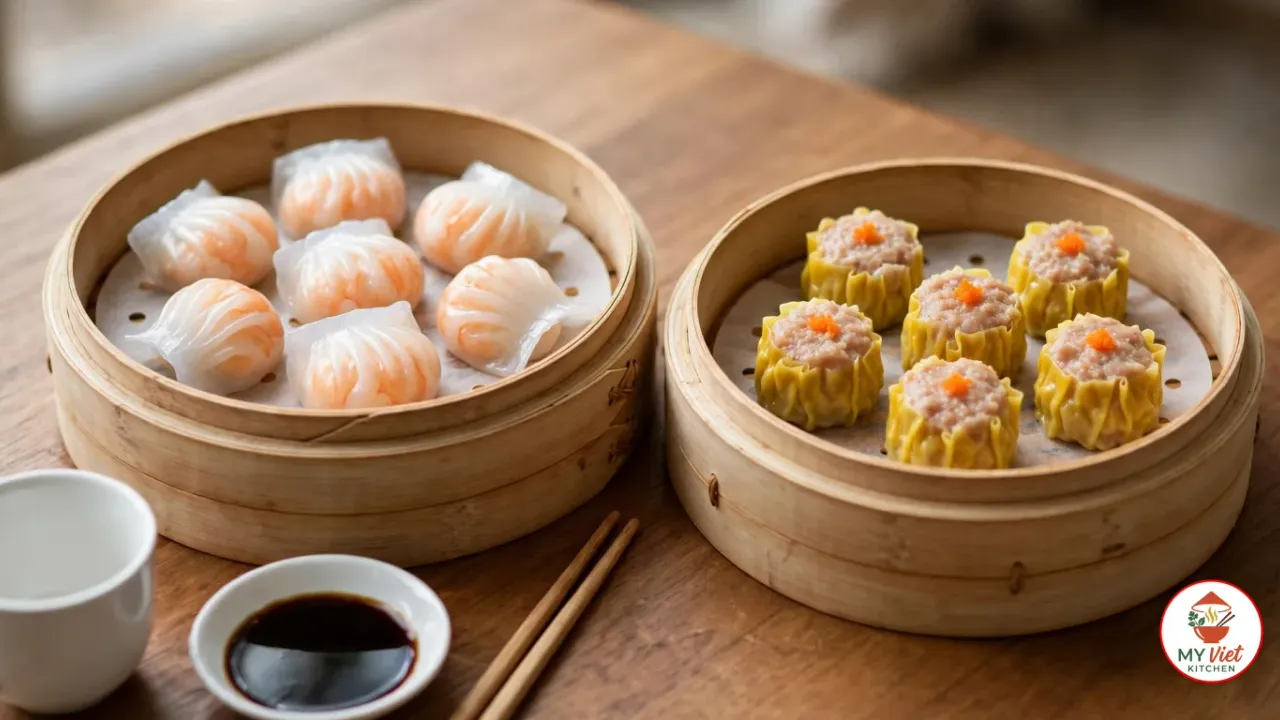Two bamboo steamer baskets lined with perforated parchment on a wooden table, one holding har gow with pink shrimp showing through their pleated translucent skins, the other six yellow-wrapped siu mai topped with dots of orange carrot, beside a dish of soy sauce, chopsticks and a white teacup
