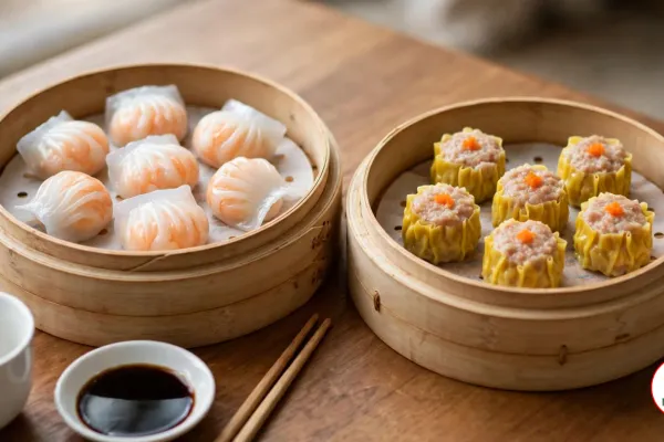 Two bamboo steamer baskets lined with perforated parchment on a wooden table, one holding har gow with pink shrimp showing through their pleated translucent skins, the other six yellow-wrapped siu mai topped with dots of orange carrot, beside a dish of soy sauce, chopsticks and a white teacup