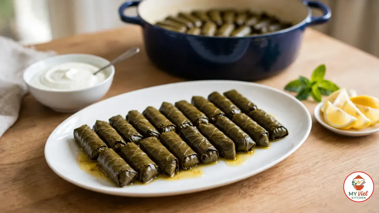 A white oval platter of cooked dolma, finger-sized rolls of glossy dark olive-green grape leaf with their veins showing, lined up in rows in a little golden cooking liquid, with a bowl of plain yogurt, lemon wedges, a sprig of mint and a cobalt-blue enamelled pot of more rolls behind on a wooden table