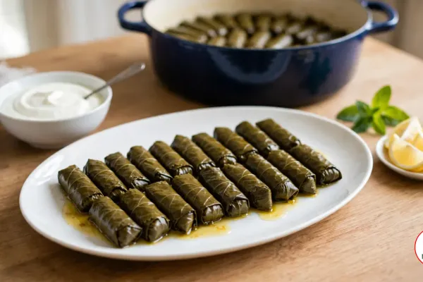 A white oval platter of cooked dolma, finger-sized rolls of glossy dark olive-green grape leaf with their veins showing, lined up in rows in a little golden cooking liquid, with a bowl of plain yogurt, lemon wedges, a sprig of mint and a cobalt-blue enamelled pot of more rolls behind on a wooden table