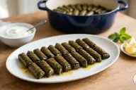 A white oval platter of cooked dolma, finger-sized rolls of glossy dark olive-green grape leaf with their veins showing, lined up in rows in a little golden cooking liquid, with a bowl of plain yogurt, lemon wedges, a sprig of mint and a cobalt-blue enamelled pot of more rolls behind on a wooden table