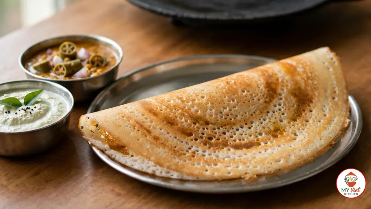 A crisp golden-brown dosa folded into a half-moon on a round stainless-steel plate, its lacy surface full of tiny holes, beside small steel bowls of white coconut chutney topped with curry leaves and mustard seeds and of sambar with okra and shallots, a black cast-iron tawa behind on a wooden table