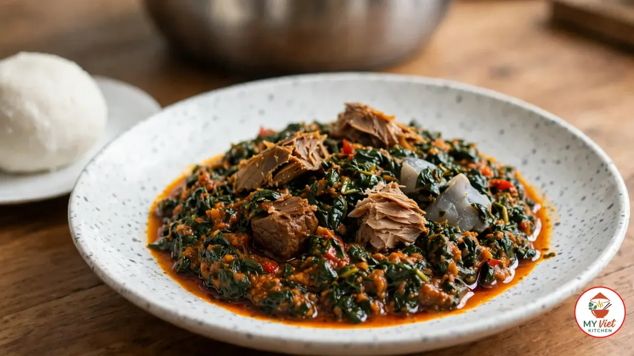 A wide white speckled ceramic bowl of efo riro, chopped dark green spinach in a coarse orange-red palm oil and pepper sauce with cubes of beef, flaky chunks of smoked fish and pale grey pieces of stockfish, beside a smooth ball of pounded yam on a small plate and a steel pot on a wooden table