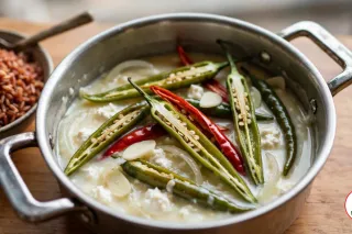 A small two-handled stainless-steel pot of ema datshi, long green and red chilies split lengthwise to show their seeds, lying in a loose, pale melted-cheese sauce with soft white curds and slices of onion and garlic, beside a bowl of red rice on a wooden table