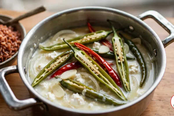 A small two-handled stainless-steel pot of ema datshi, long green and red chilies split lengthwise to show their seeds, lying in a loose, pale melted-cheese sauce with soft white curds and slices of onion and garlic, beside a bowl of red rice on a wooden table