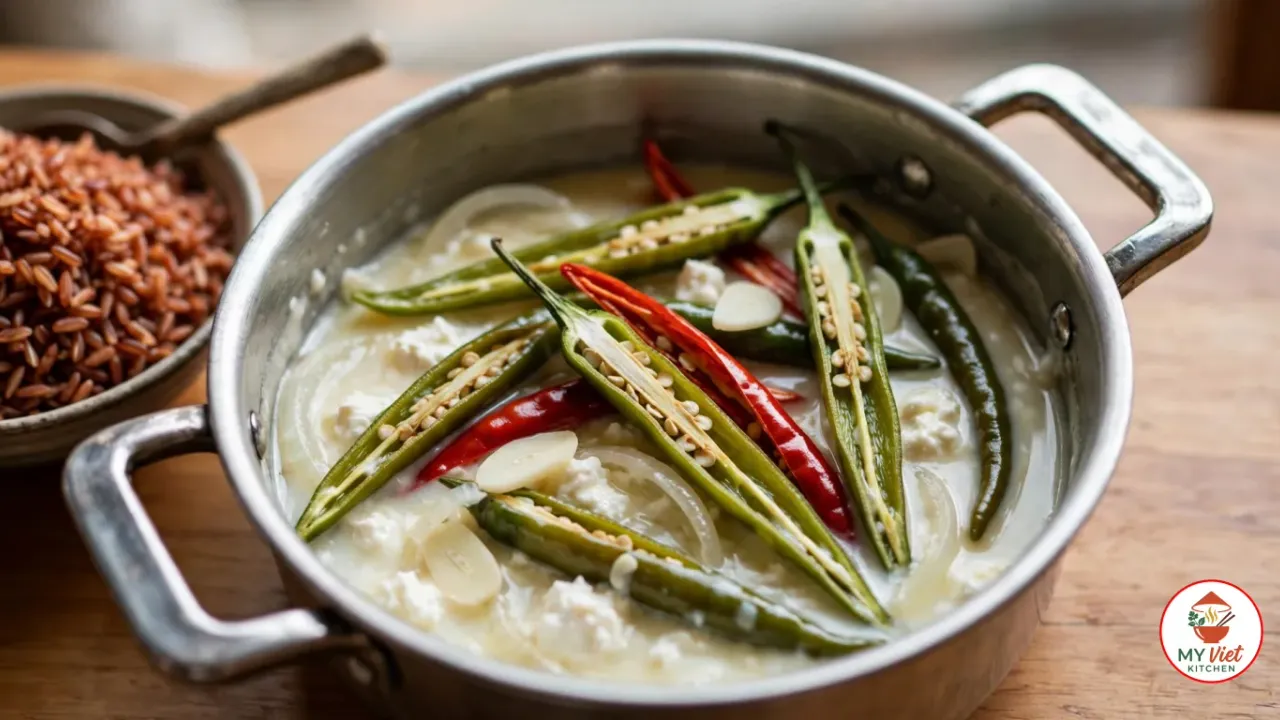 A small two-handled stainless-steel pot of ema datshi, long green and red chilies split lengthwise to show their seeds, lying in a loose, pale melted-cheese sauce with soft white curds and slices of onion and garlic, beside a bowl of red rice on a wooden table