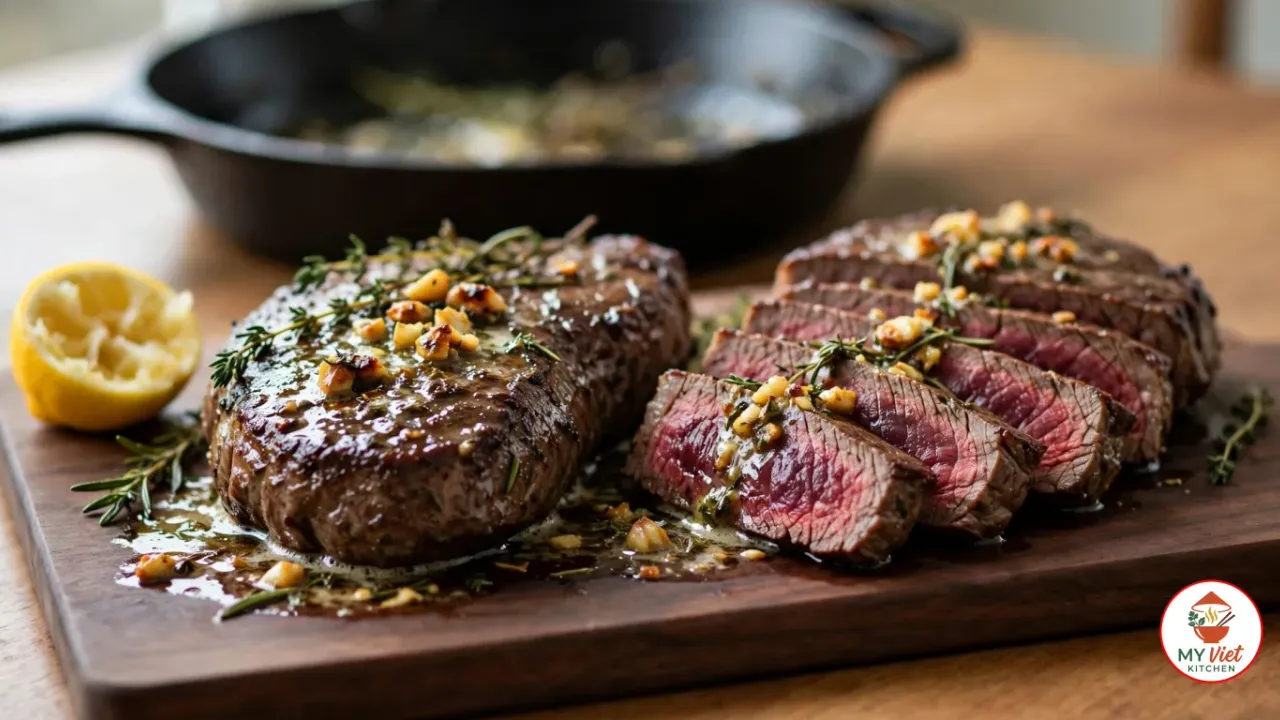 Two pan-seared emu fan fillet steaks on a dark walnut board, one whole under herb butter with golden garlic pieces and thyme, the other sliced across the grain to show a deep red medium-rare centre with no marbling, a squeezed lemon half and a black cast-iron skillet behind