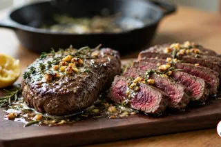Two pan-seared emu fan fillet steaks on a dark walnut board, one whole under herb butter with golden garlic pieces and thyme, the other sliced across the grain to show a deep red medium-rare centre with no marbling, a squeezed lemon half and a black cast-iron skillet behind