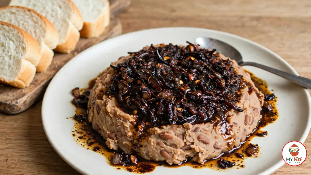 A mound of pale tan mashed beans on an off-white plate, topped with a very dark, almost black agoyin sauce of fried onions and red pepper flakes, its dark oil pooling on the plate, with a spoon on the rim and slices of soft white agege bread on a wooden board