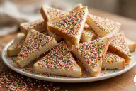 A round white platter piled with triangles of fairy bread, white sandwich bread with golden crusts left on and the tops thickly coated in tiny round rainbow hundreds and thousands, with loose sprinkles scattered on a wooden table