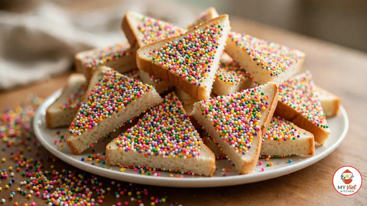 A round white platter piled with triangles of fairy bread, white sandwich bread with golden crusts left on and the tops thickly coated in tiny round rainbow hundreds and thousands, with loose sprinkles scattered on a wooden table