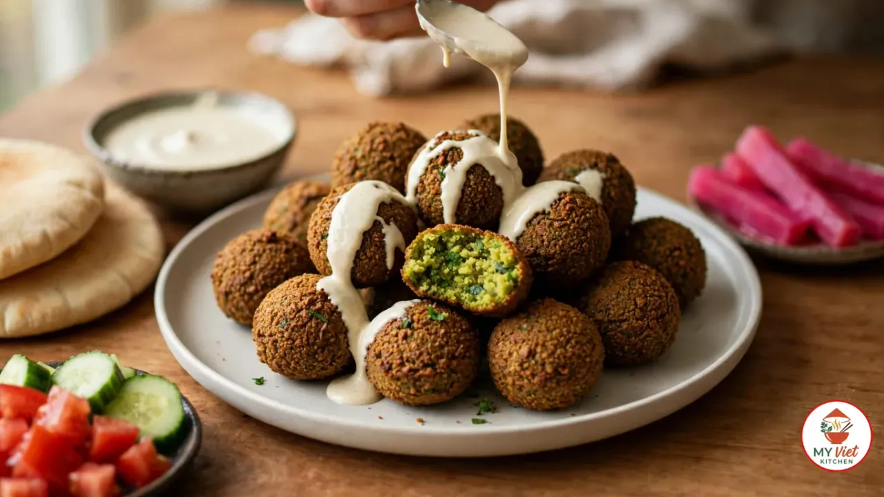 A hand drizzling pale tahini sauce from a spoon over a plate of round, deep golden-brown falafel, one broken open to show a bright green herb-flecked inside, with pita breads, a bowl of tahini, diced tomato and cucumber and bright pink pickled turnips on a wooden table