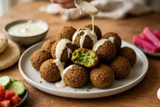 A hand drizzling pale tahini sauce from a spoon over a plate of round, deep golden-brown falafel, one broken open to show a bright green herb-flecked inside, with pita breads, a bowl of tahini, diced tomato and cucumber and bright pink pickled turnips on a wooden table