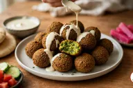 A hand drizzling pale tahini sauce from a spoon over a plate of round, deep golden-brown falafel, one broken open to show a bright green herb-flecked inside, with pita breads, a bowl of tahini, diced tomato and cucumber and bright pink pickled turnips on a wooden table