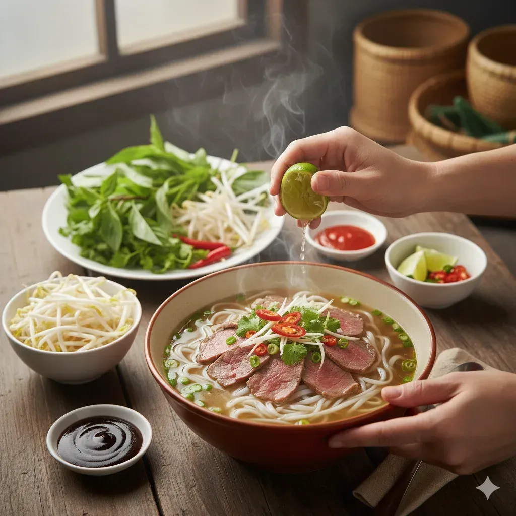 Complete Vietnamese beef pho bowl with noodles beef fresh herbs bean sprouts and lime